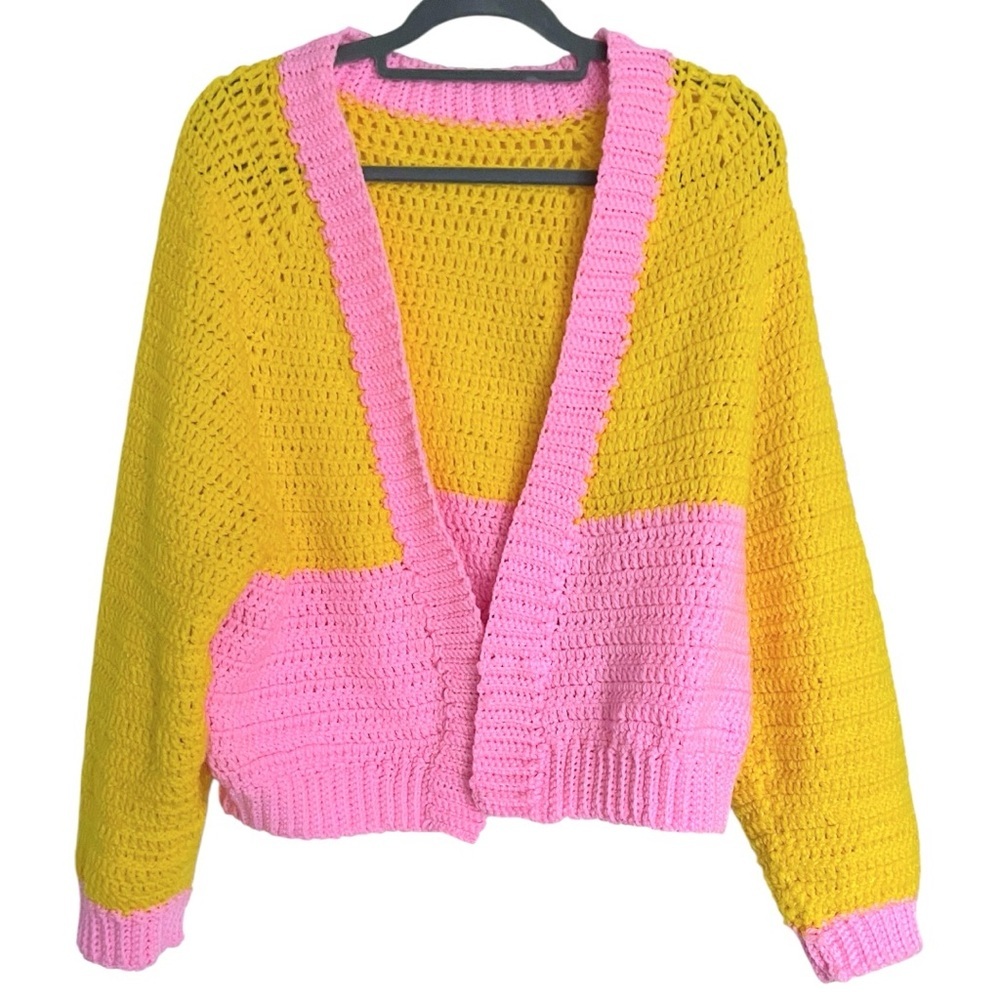 Handmade Crochet Knit Yellow and Pink Slouchy Boxy Balloon Sleeve Cardigan